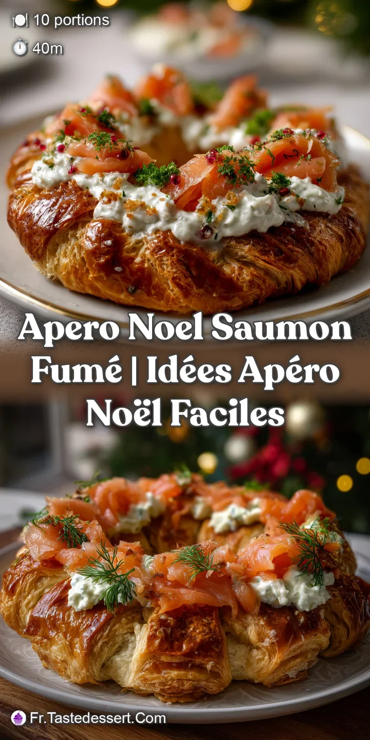 Close-up of the flaky pastry couronne with tender salmon and fresh dill. The salmon's rich color pops against the golden, ...