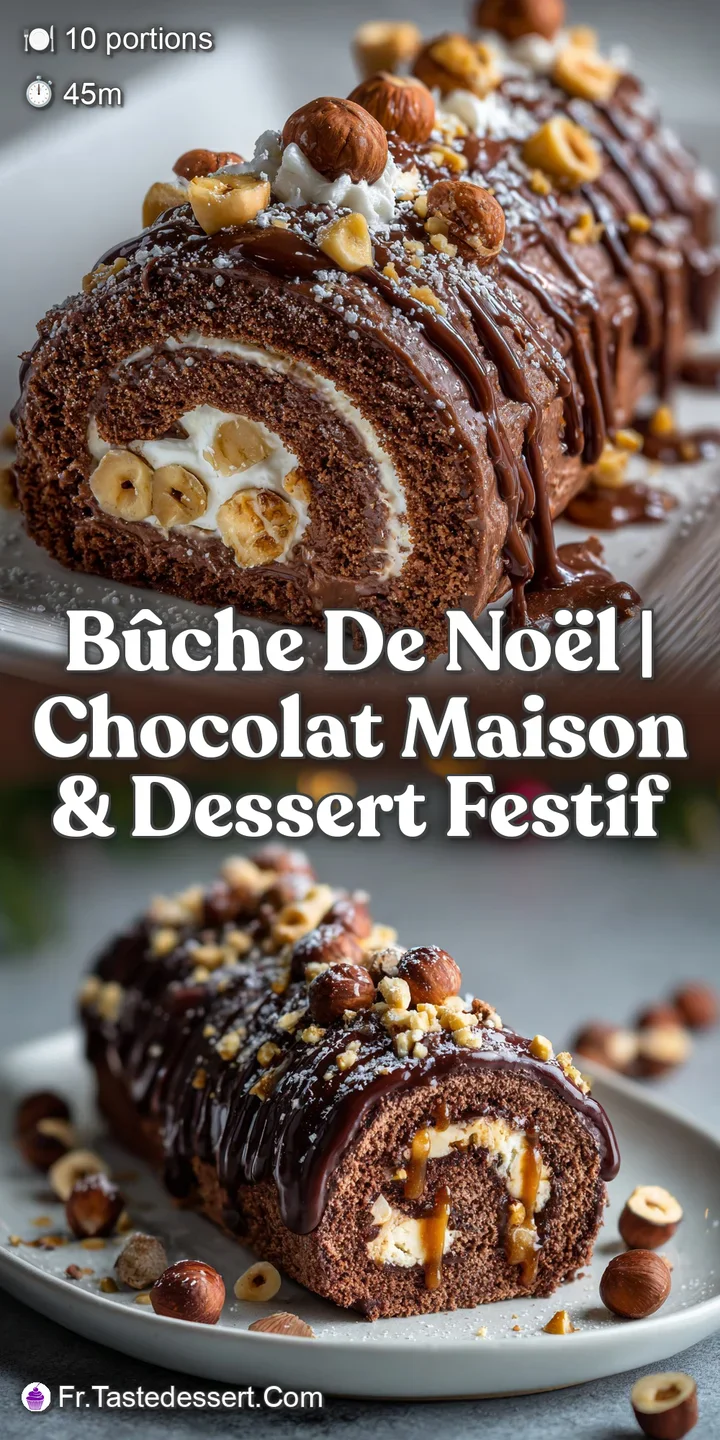 Close-up of a B&ucirc;che de No&euml;l, highlighting the reflective chocolate glaze, powdered sugar, and delicate cranberry garnish.