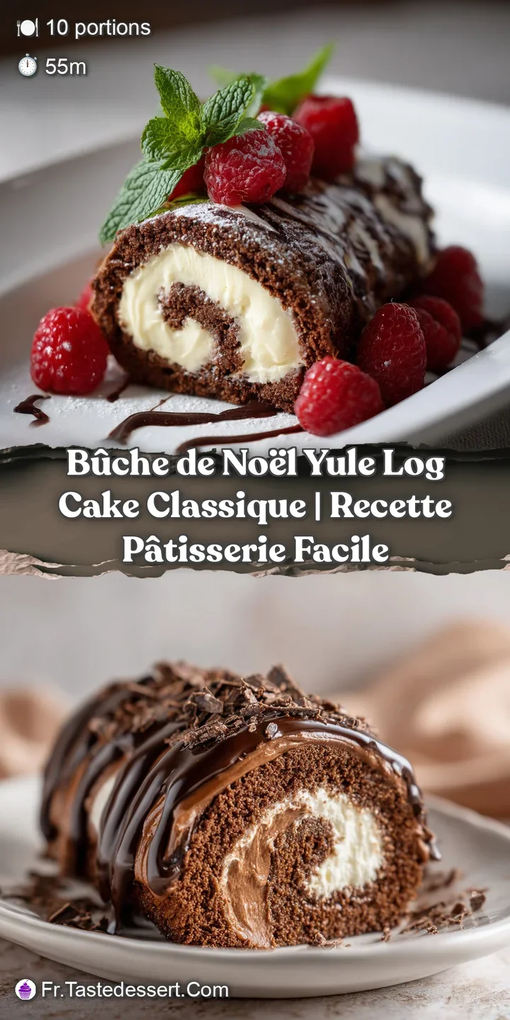 Close-up shows rich chocolate frosting and powdered sugar of a Yule log cake with flaky meringue mushrooms and light brown...