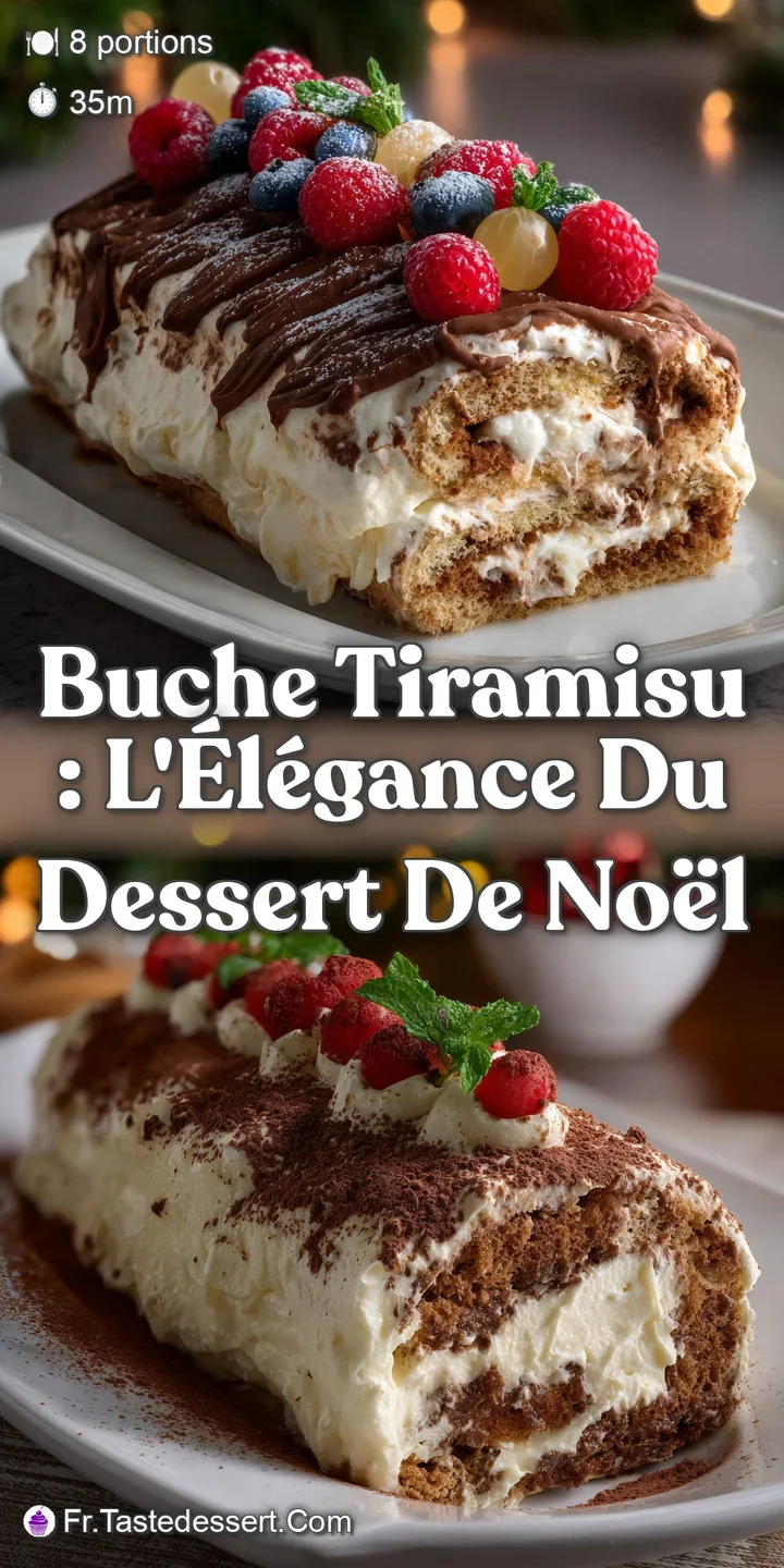 Close-up of Buche Tiramisu. The creamy mascarpone filling contrasts with the dark, coffee-soaked ladyfingers, creating an ...