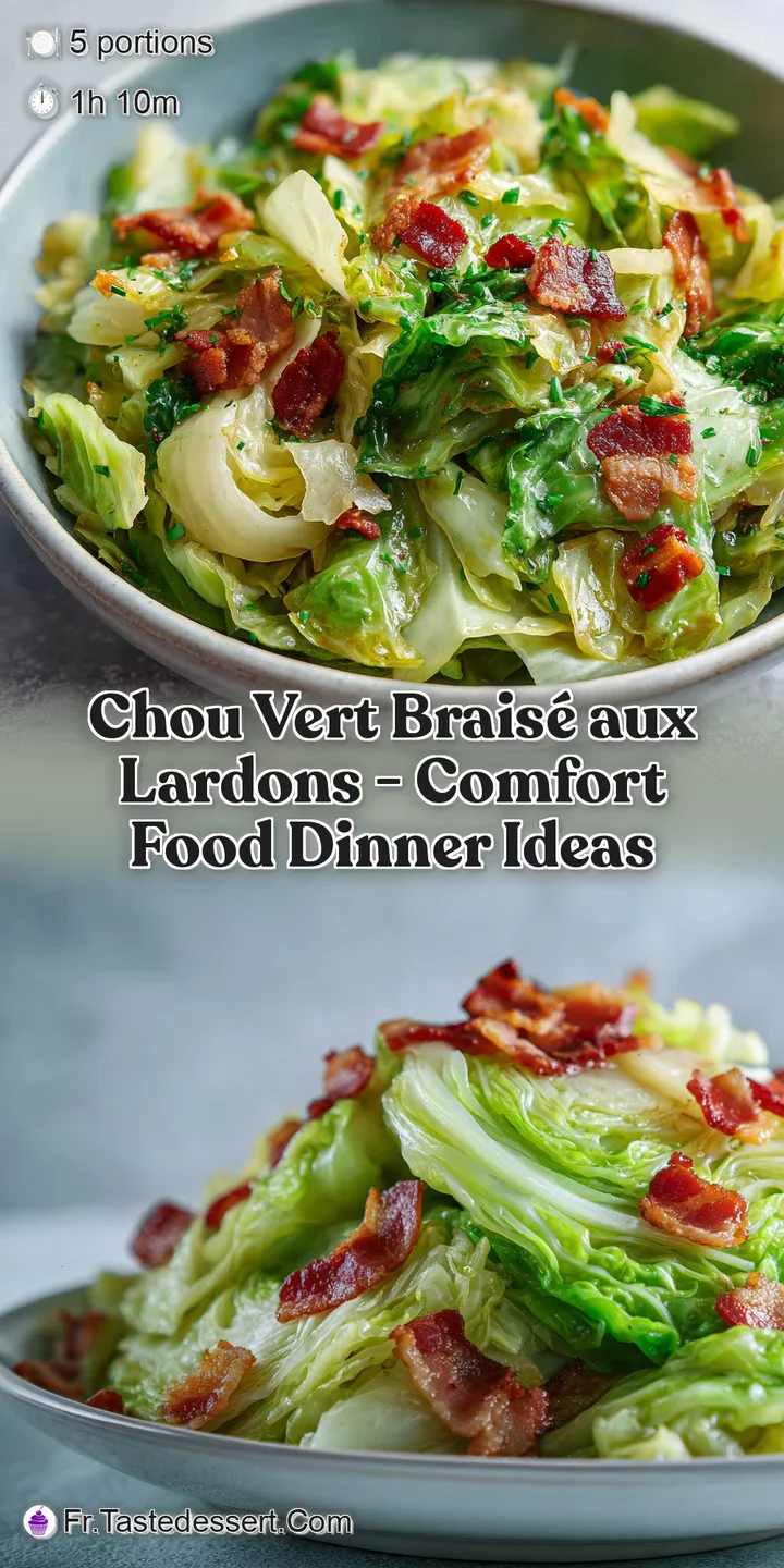 Close-up of glistening, tender green cabbage leaves slowly cooked with savory, smoky bacon pieces.
