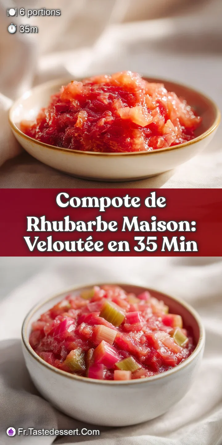Close-up captures the glossy, slightly translucent surface of the rhubarb compote, revealing the delicate texture of the f...