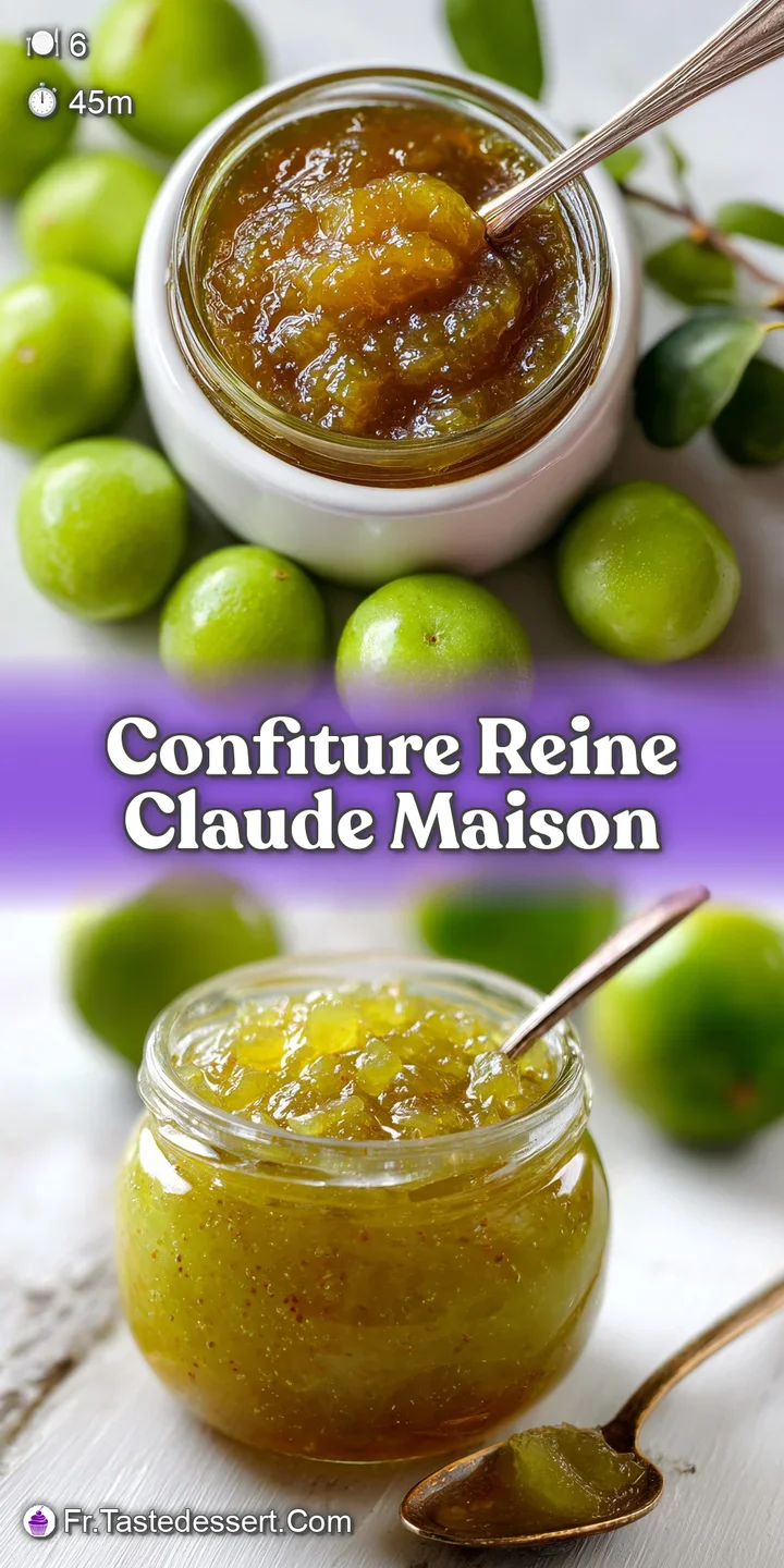 Close-up of shiny, translucent green-gold plum jam with flecks of fruit skin, catching the light beautifully, textural and...