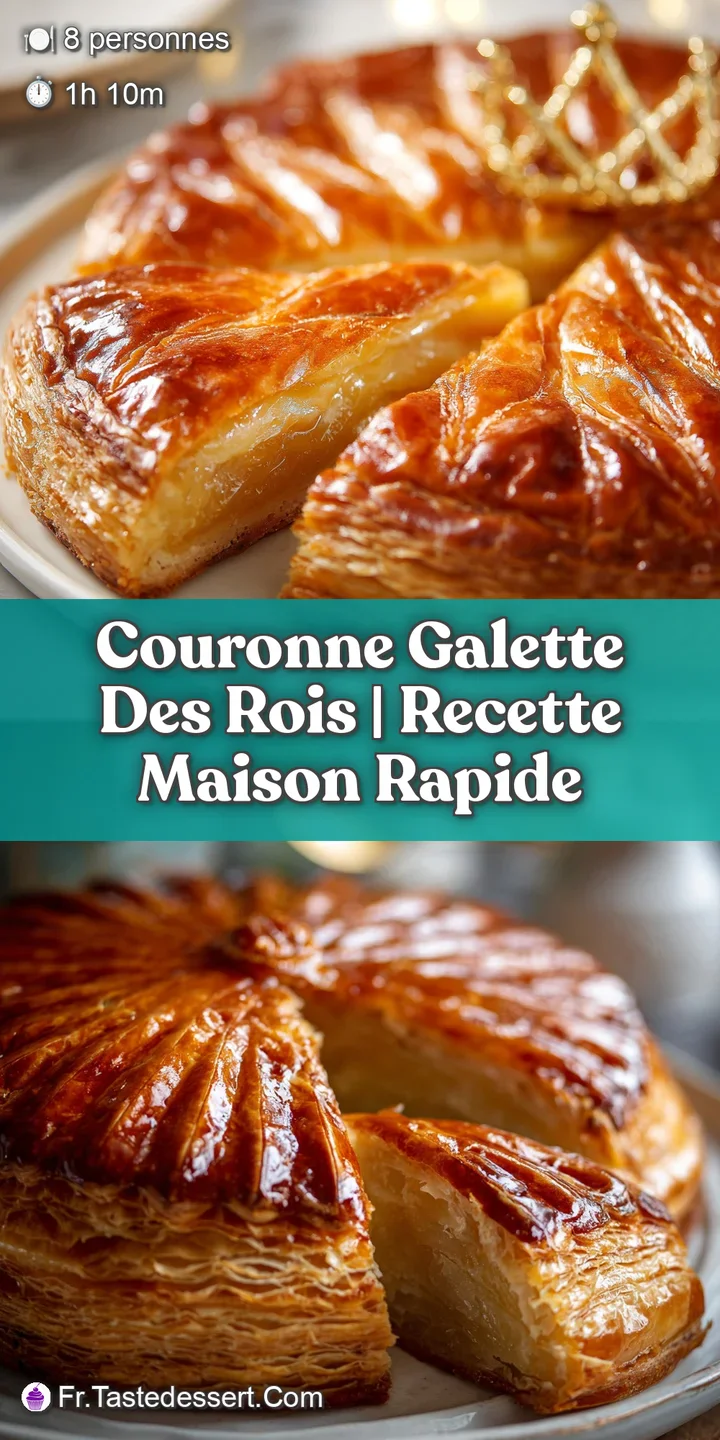 Close-up reveals buttery layers of a galette. Coarse sugar glitters on the golden crust hinting at a rich, sweet filling.