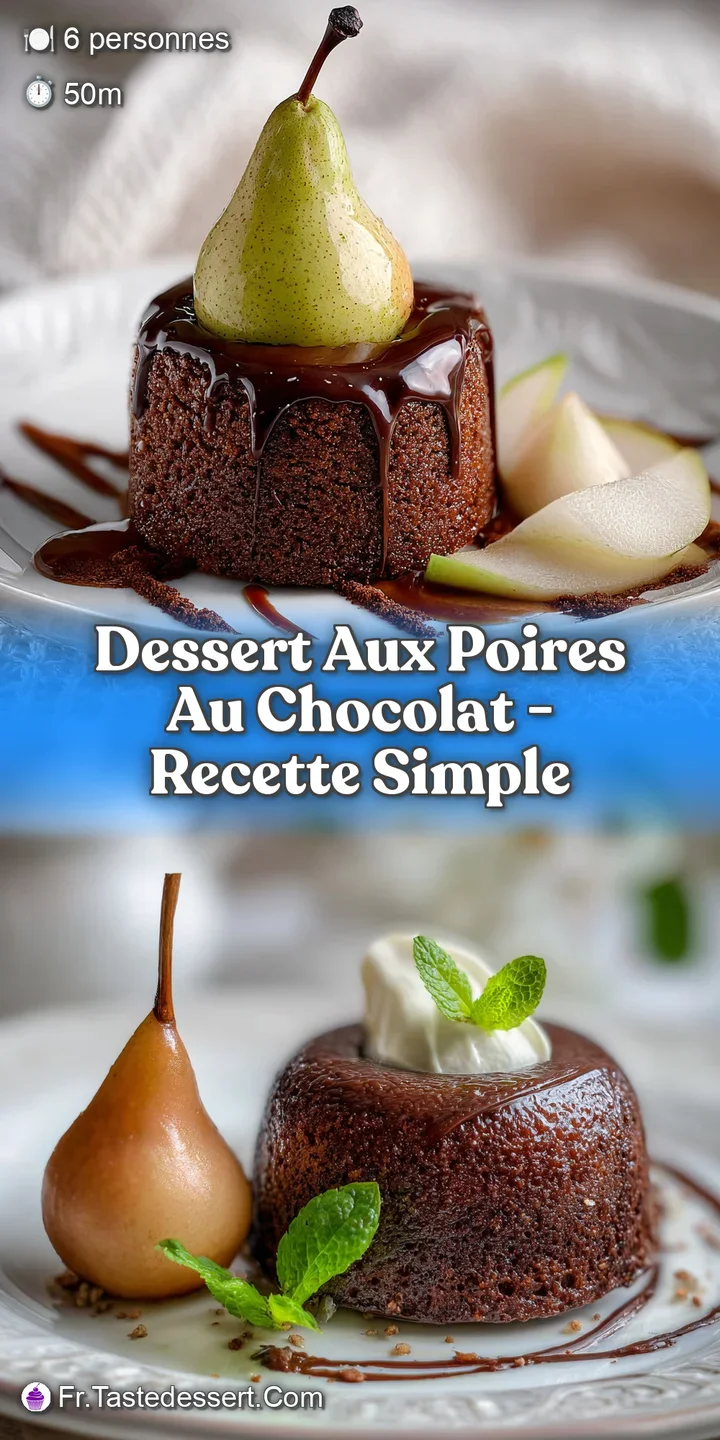 Close-up of a glistening pear half submerged in thick, dark chocolate sauce. Cocoa powder adds a textural, slightly bitter...