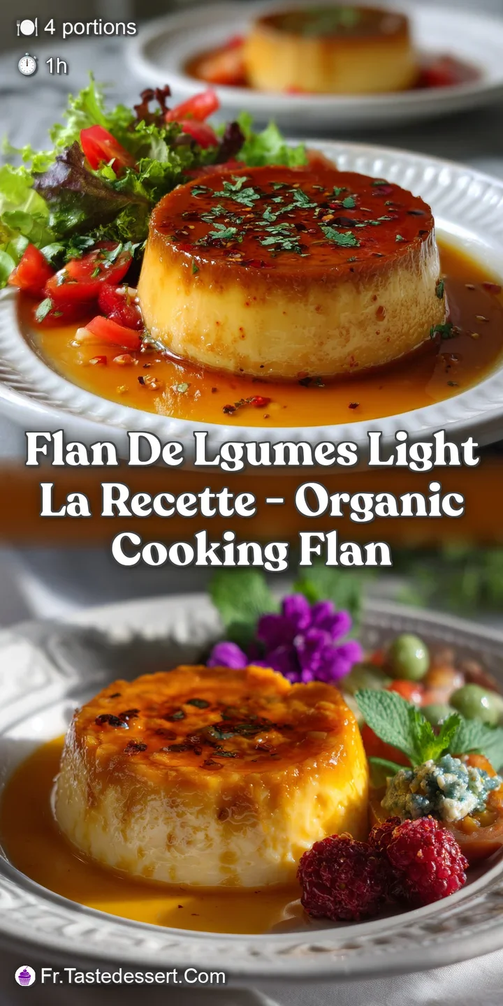 Silky, light green flan with a delicately wobbly texture, garnished with vibrant, colorful roasted vegetables, ready to en...