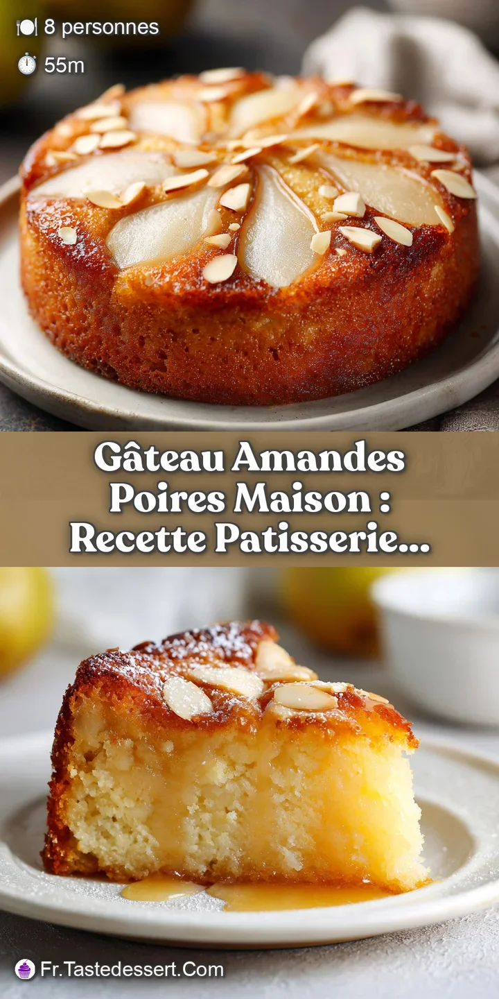 Close-up of almond pear cake revealing the moist crumb and tender fruit, glistening with a light glaze. Inviting, comforti...