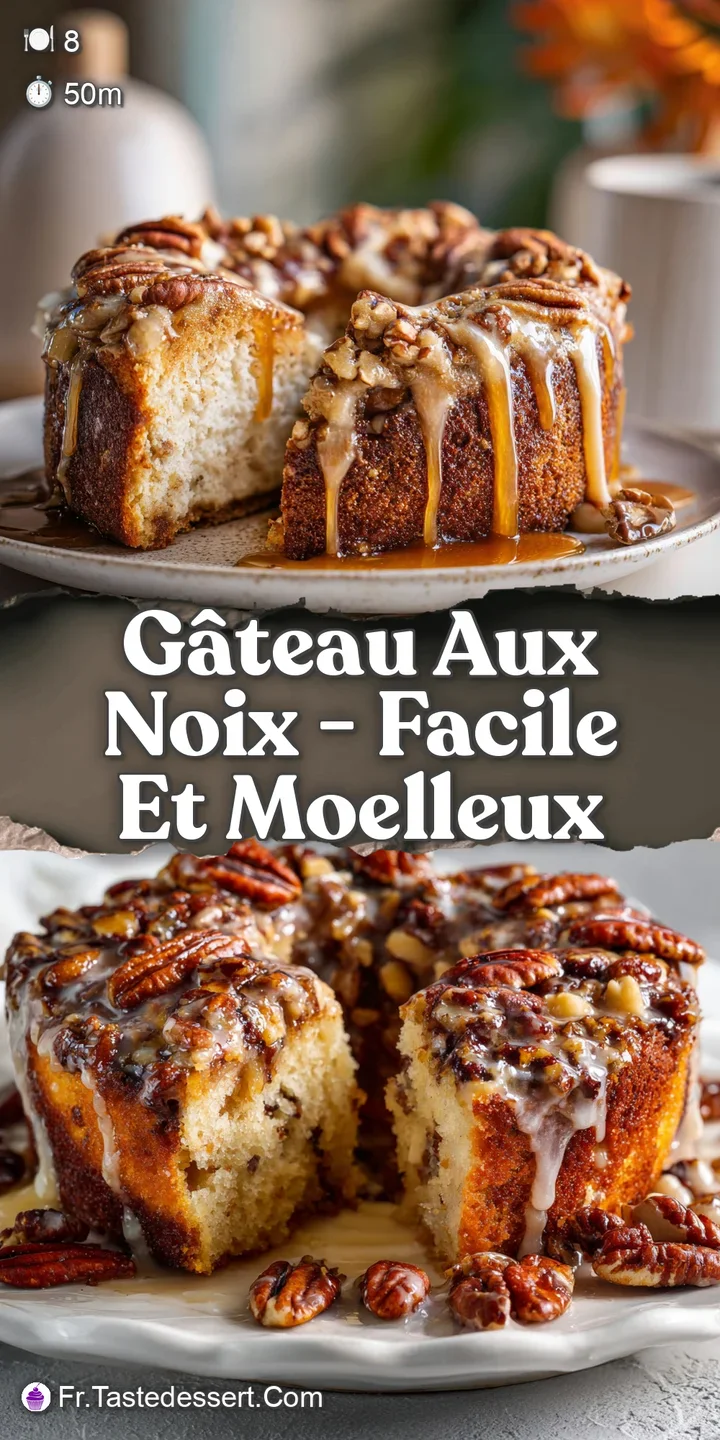 Close-up of a glistening, moist walnut cake slice; textured surface and rich color invite a taste of its nutty goodness.