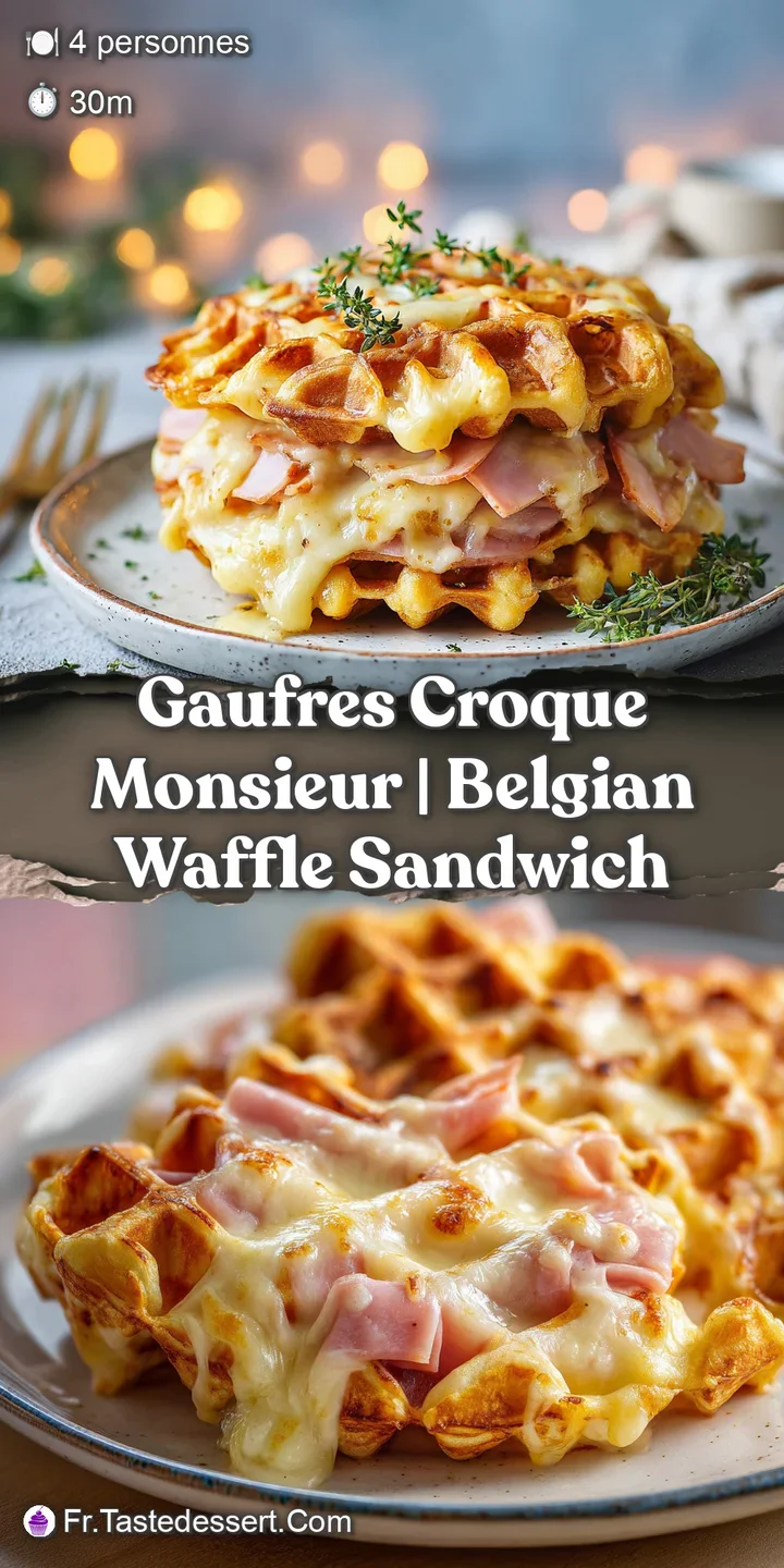 Close-up of a crispy waffle edge with gooey, melted cheese pulling apart and small pieces of savory pink ham.