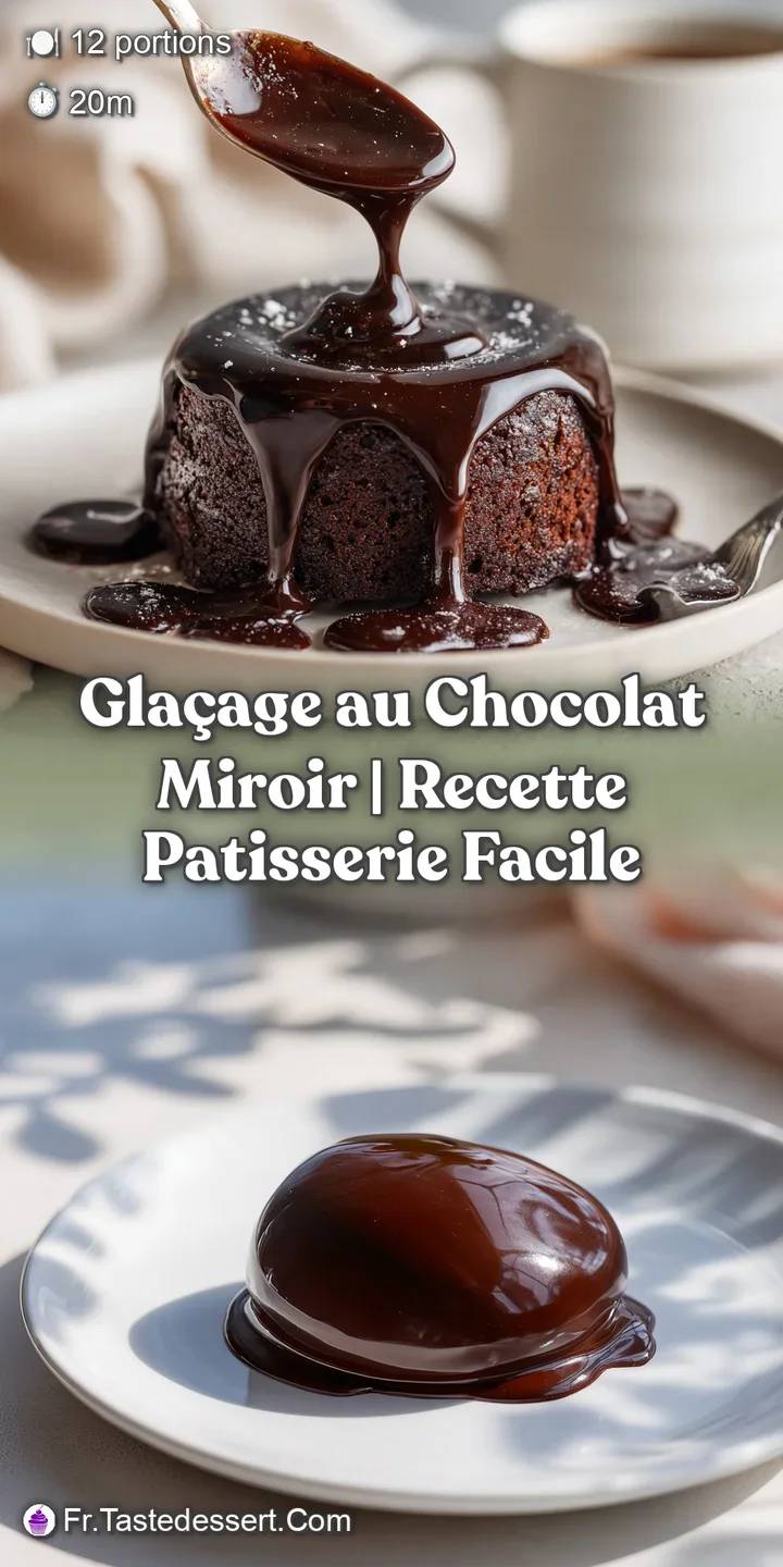 A close-up captures the ultra-smooth, reflective surface of a dark chocolate mirror glaze, hinting at richness.