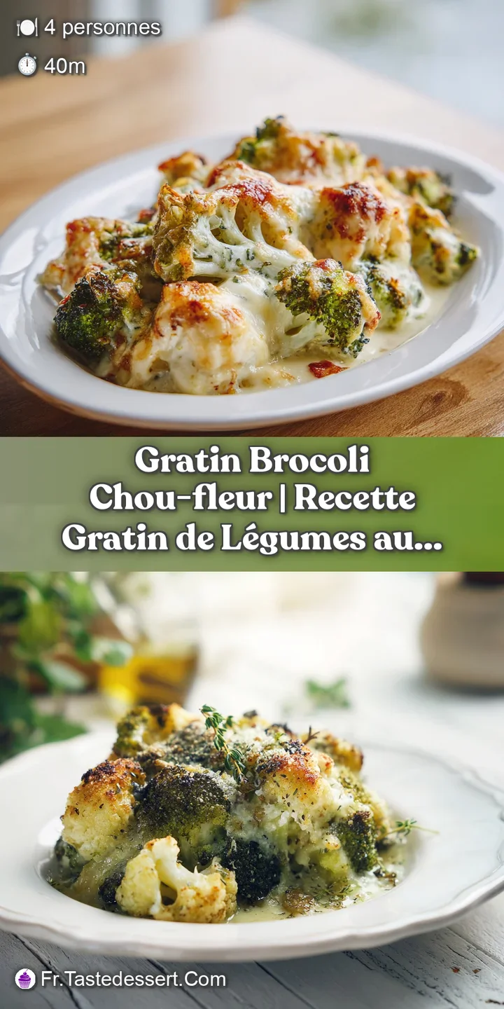 Close-up of a bubbling gratin with visible broccoli florets and creamy melted cheese, showing a rich, baked texture.