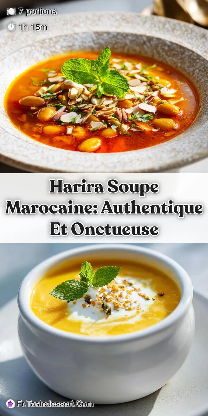 Appetizing close-up of Harira soup, highlighting the glistening broth, tender chickpeas, herbs, and a hint of warmth from ...