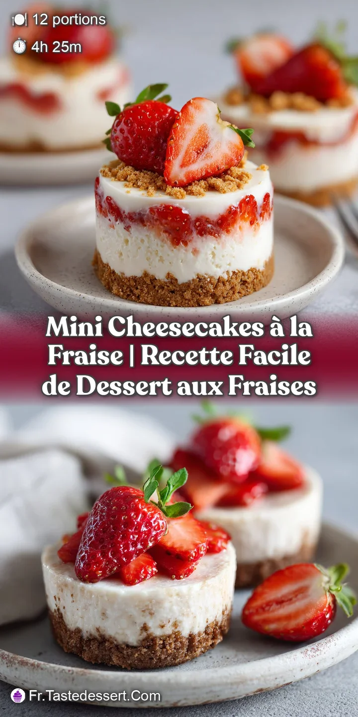 Close-up of a creamy mini cheesecake with a glossy strawberry glaze and a fork piercing its smooth texture.