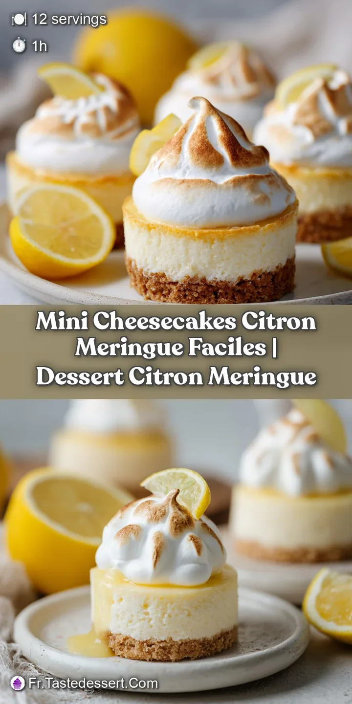 Close-up of a mini cheesecake showcasing the airy texture of the meringue and the tangy, glossy lemon curd filling within ...