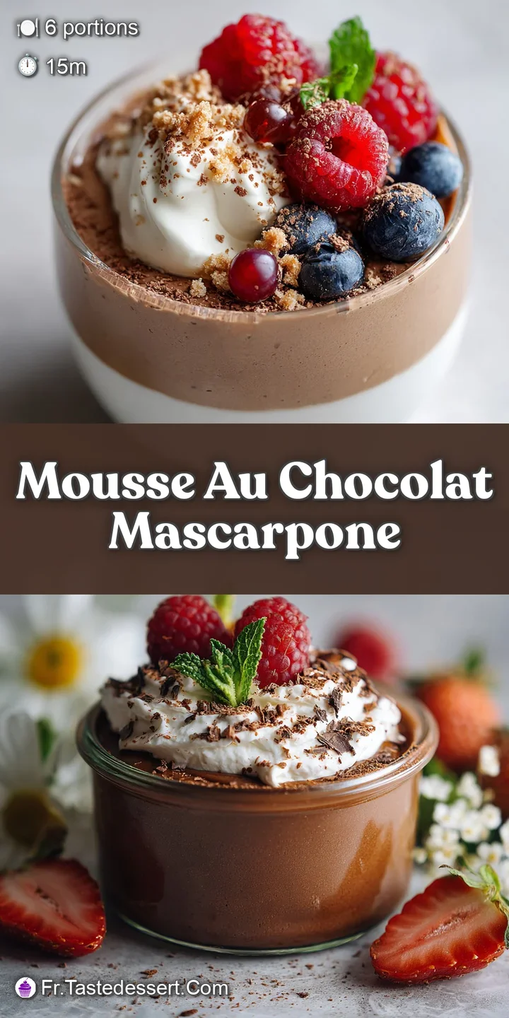 Rich, dark chocolate mousse in a clear glass, close-up view, highlighting the airy bubbles and deep color. Cocoa powder sp...