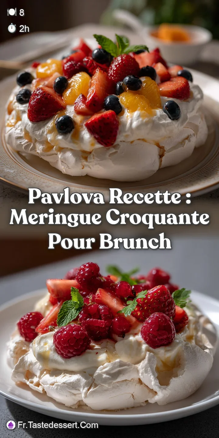 Close-up of airy meringue shell, showcasing a soft interior and a mix of textures. Bursting with fresh, juicy red berries ...