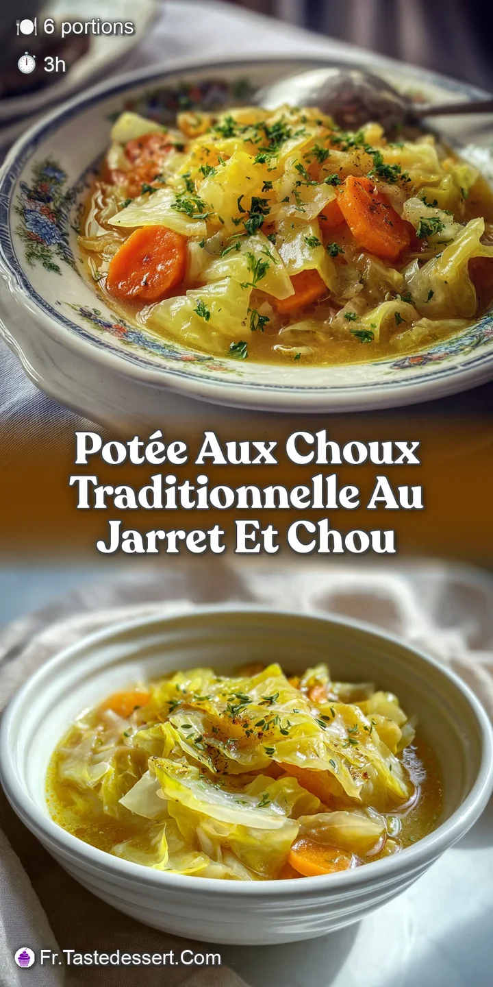 Close-up of pot&eacute;e aux choux: glistening broth coats tender cabbage, carrots, and potatoes, alongside perfectly browned sau...