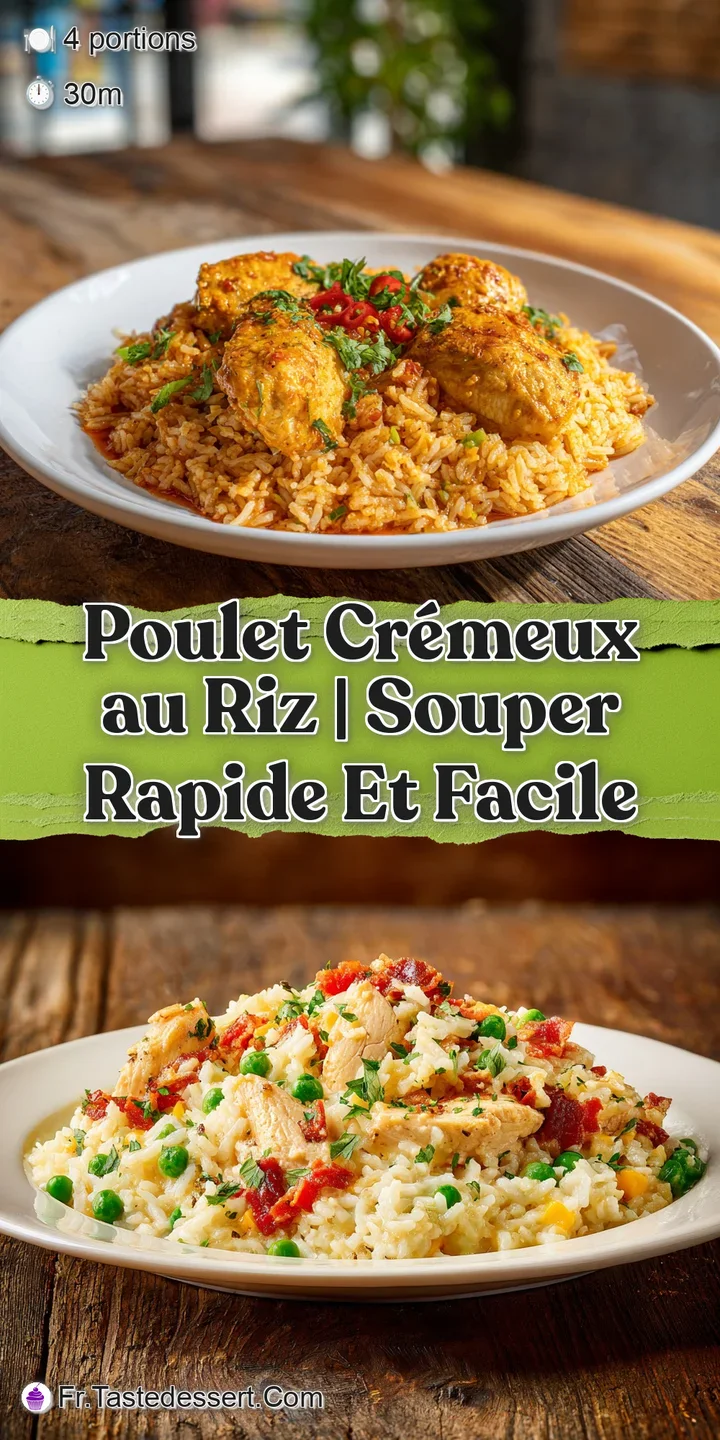 Close-up of creamy chicken and rice: rich, glossy sauce coats tender chicken pieces amid fluffy grains. A tempting, savory...