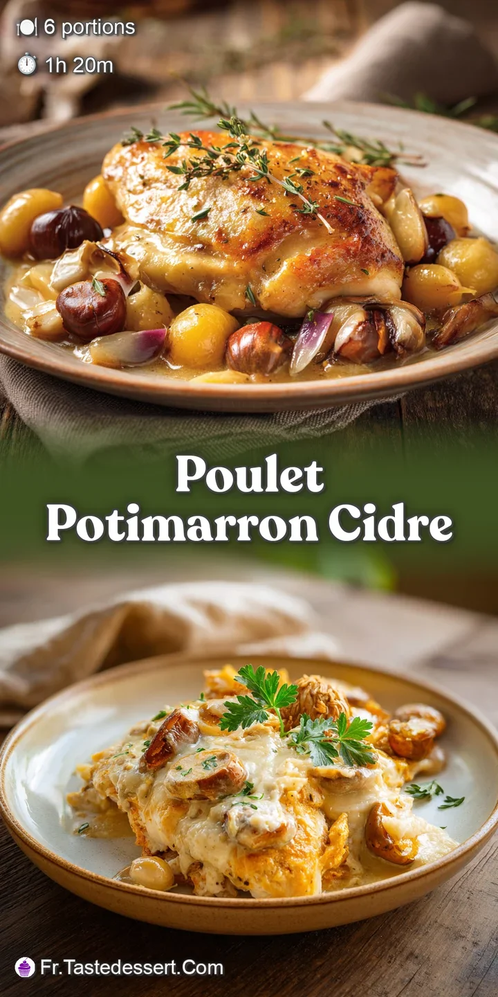 Close-up of succulent chicken and sweet squash, glistening with savory pan juices. An inviting autumn feast, ready to serve.