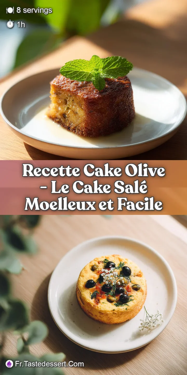 Close-up of a moist, textured olive cake slice, showing flecks of olives and a light crumb structure.