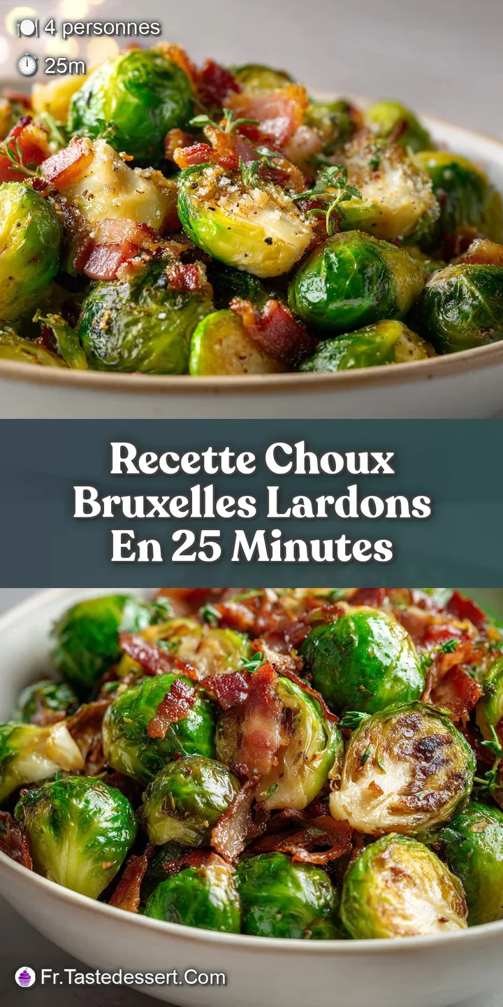 Close-up captures the textural contrast: tender, bright green Brussels sprouts against the salty, crispy edges of golden b...