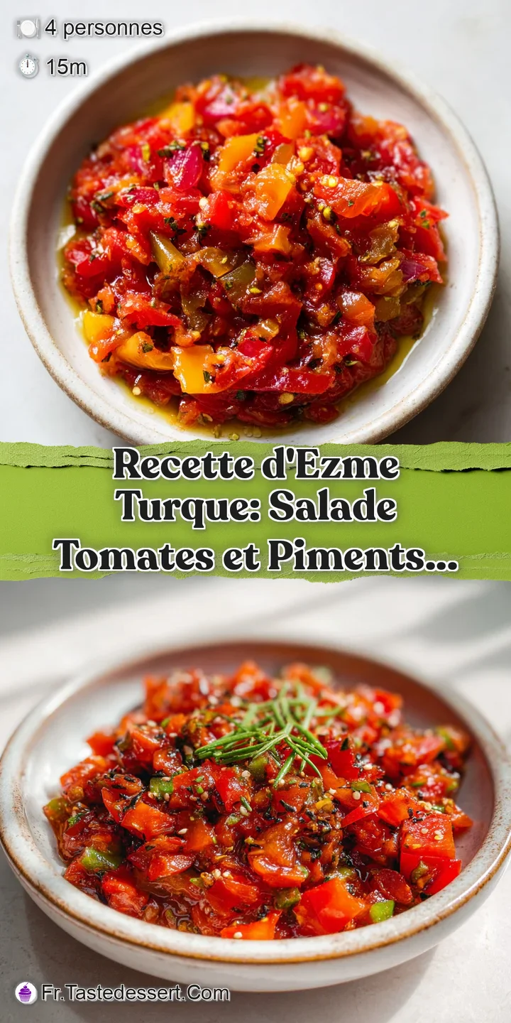 Close-up of vibrant, juicy Ezme salad, a medley of finely diced tomatoes, peppers, and herbs, glistening with flavorful dr...