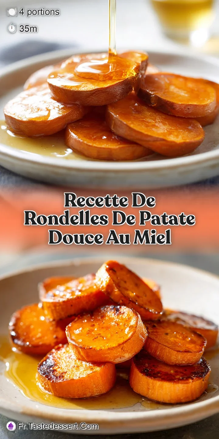 Close-up capturing the glistening, sticky honey glaze on roasted sweet potato rounds; thyme sprigs add a pop of vibrant gr...