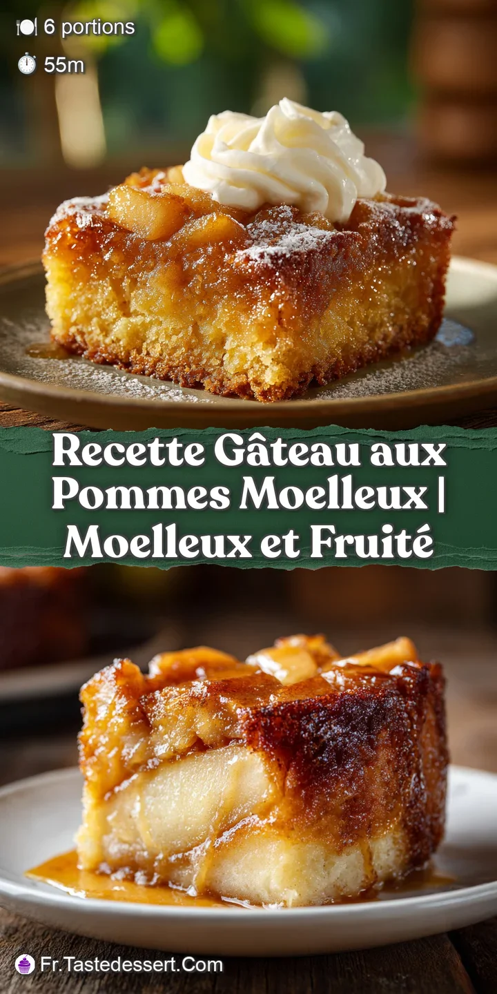 Close-up of moist, tender apple cake. Visible apple slices baked inside, creating a golden, delicious French dessert.
