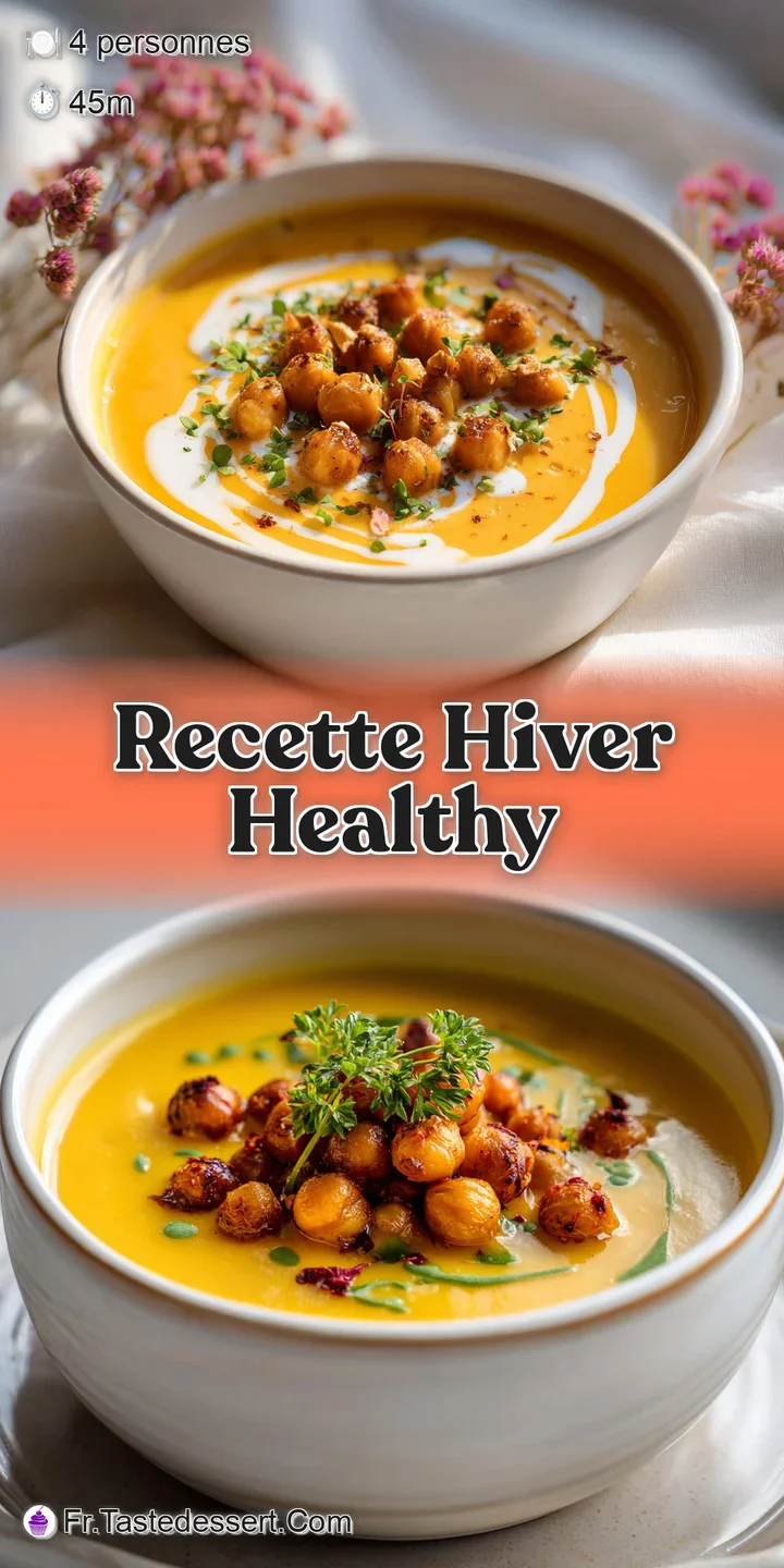 Close-up of velvety butternut squash soup featuring golden chickpeas, herb sprigs, and a swirl of olive oil glistening on ...