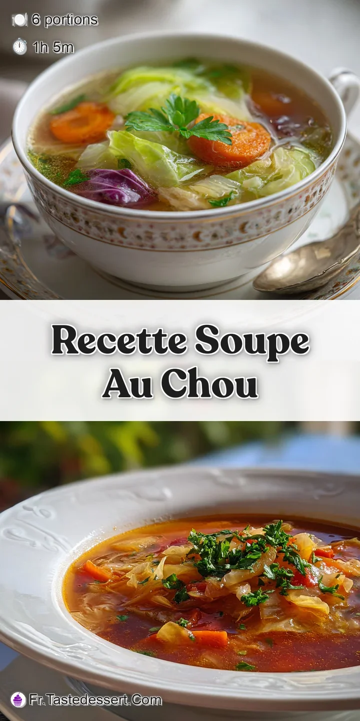 Close-up of hearty cabbage soup with tender vegetables and rich broth. Hints of thyme and herbs visible.