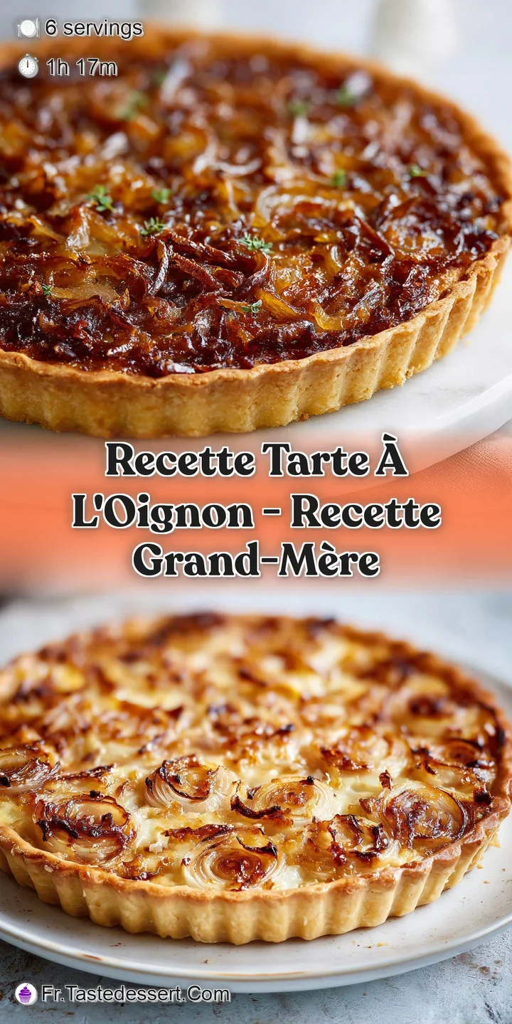 Close-up of onion tart: golden, soft caramelized onions nestled in a flaky crust, hints of savory herbs visible. Intensely...
