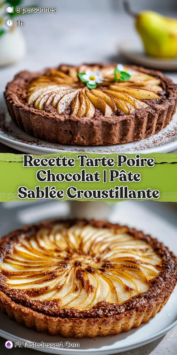 Close-up of chocolate pear tart: glistening pear slices nestled in deep, dark chocolate. Crisp, flaky crust edge visible.