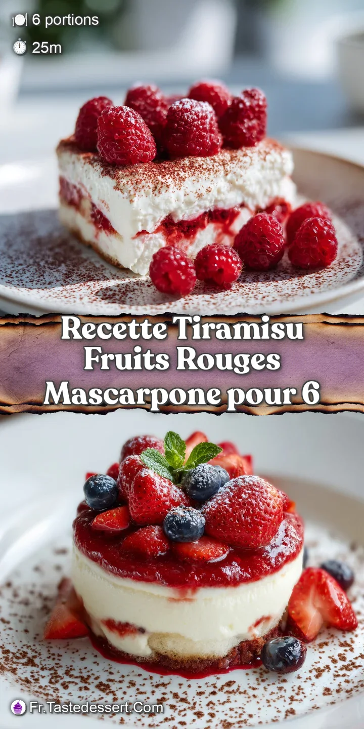 Close-up of tiramisu showcasing the contrast of fluffy cream, vibrant berries, and cocoa powder on soaked ladyfingers.