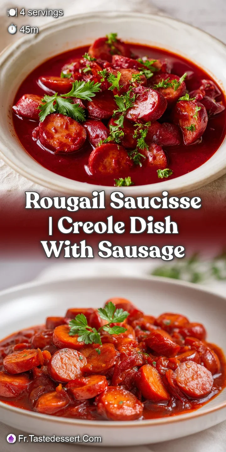 Gros plan sur la sauce rouge &eacute;paisse et brillante, les morceaux de saucisses grill&eacute;es et les herbes cisel&eacute;es.