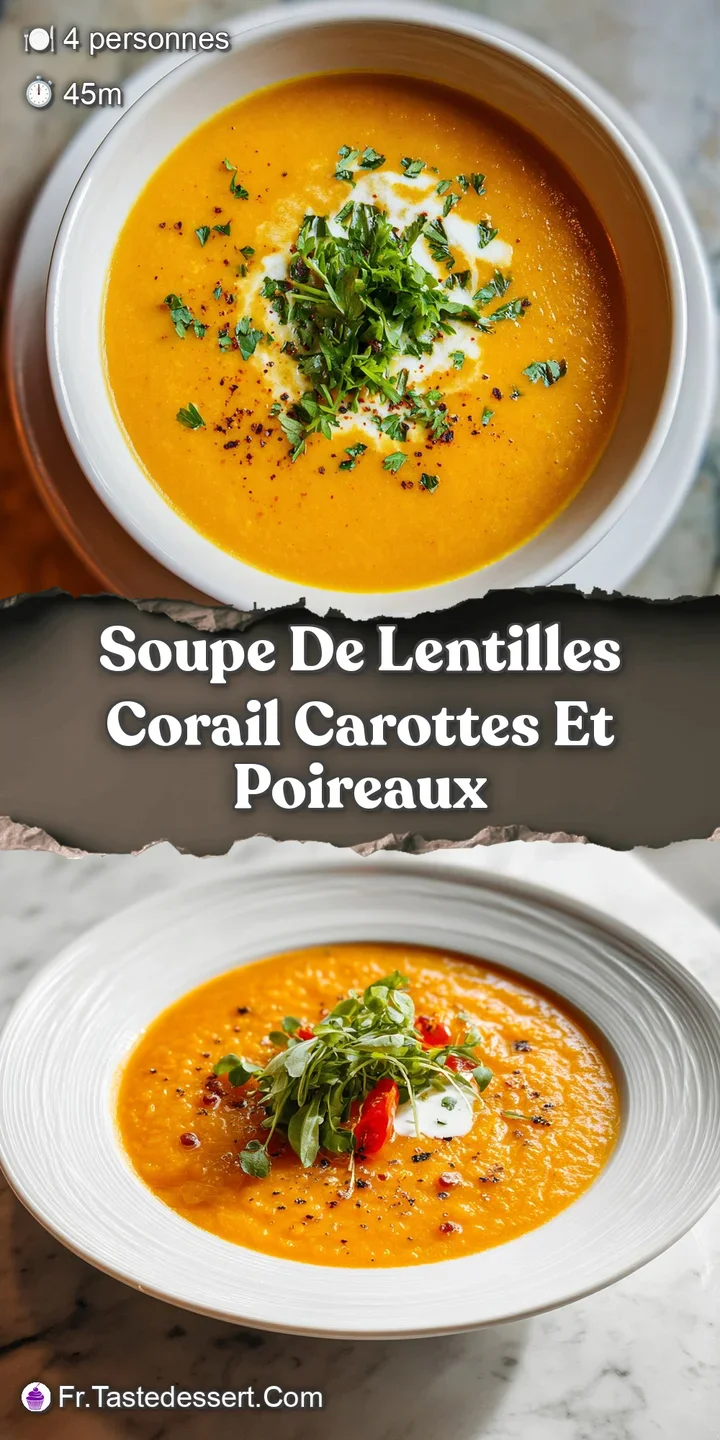 Close-up of creamy, vibrant lentil soup. Diced carrots and slivered leeks peek through, promising a hearty, flavorful expe...