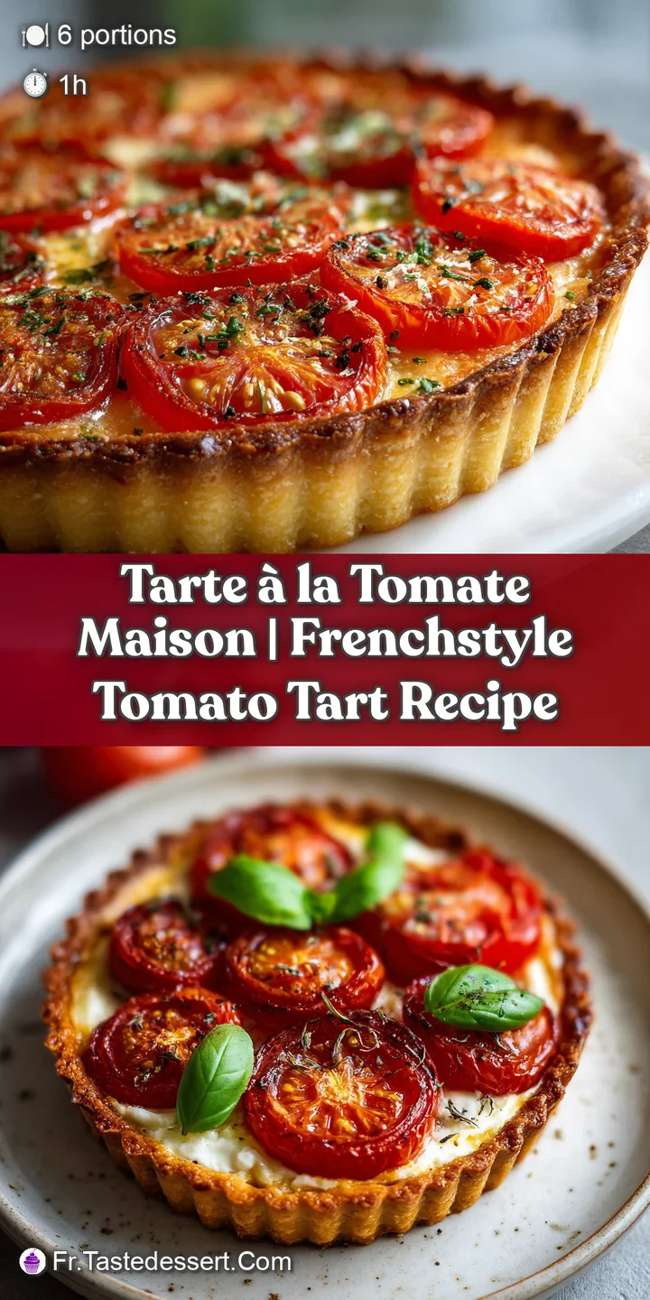 Close-up of a homemade tomato tart; glistening tomatoes, golden flaky crust, and a dusting of herbs create a mouthwatering...