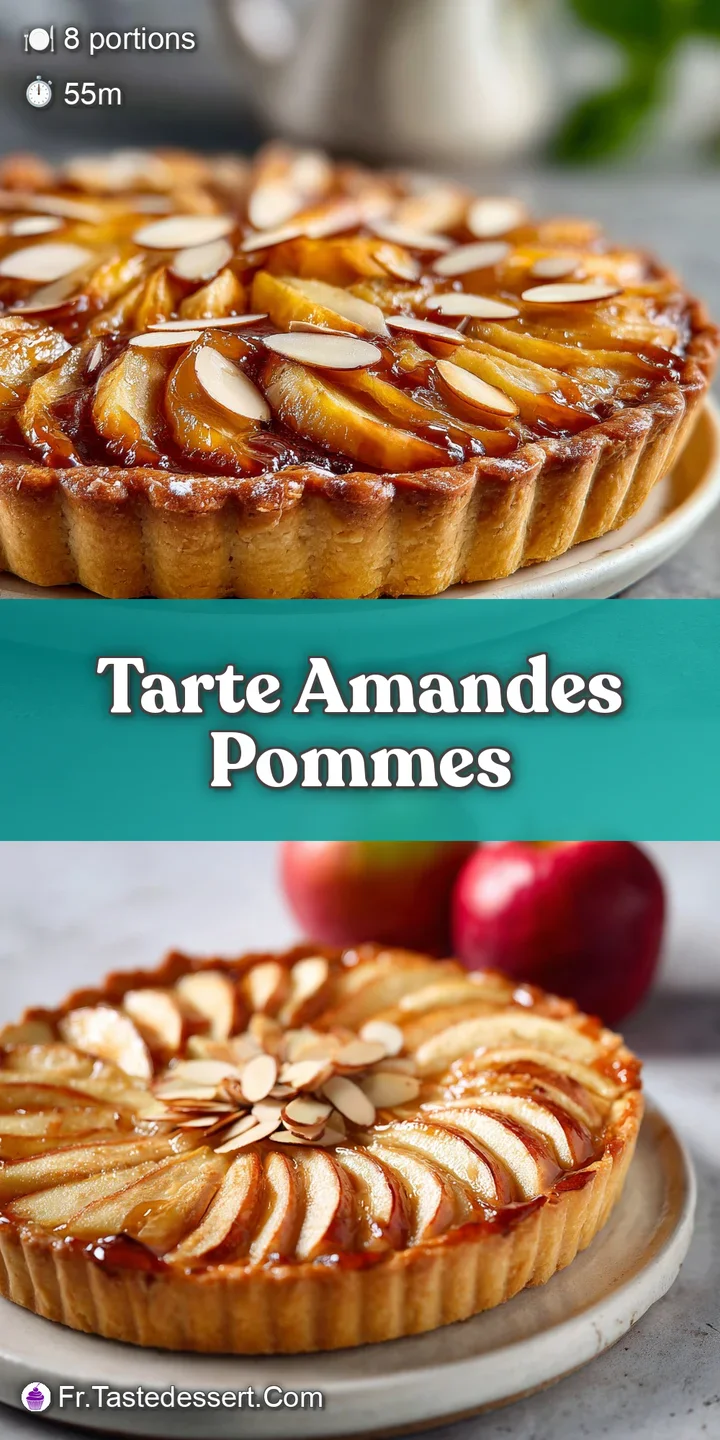 Close-up of a homemade apple almond tart, revealing the crisp, buttery crust and the soft, caramelized apples and toasted ...