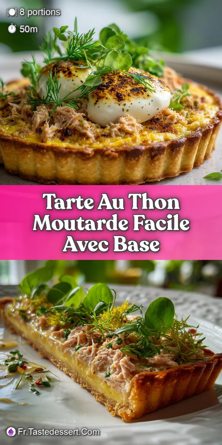 Close-up of a tuna tart; creamy filling with golden crust; a savory aroma seems to rise from the freshly baked dish.