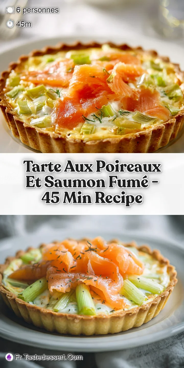 Close-up of a smoked salmon and leek tart; tender leeks, pink salmon, and golden crust showcase texture & flavor.