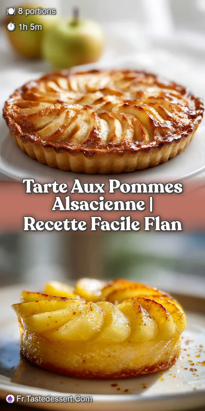 Close-up view of the caramelized apples baked into a golden tart, showing the flaky crust and glistening fruit filling. Wa...