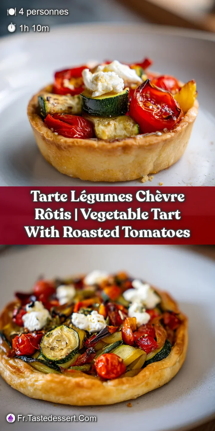 Gros plan sur le fromage de ch&egrave;vre fondant et les l&eacute;gumes r&ocirc;tis juteux sur une base de p&acirc;te feuillet&eacute;e bien dor&eacute;e.