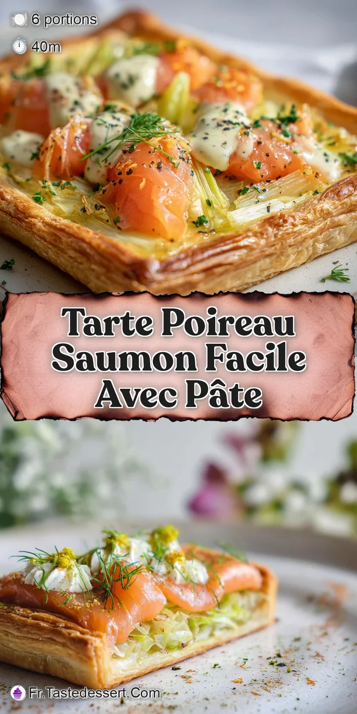 Close-up of a warm, golden-brown tart with tender leeks and delicate salmon, showcasing the flaky, buttery crust and rich ...