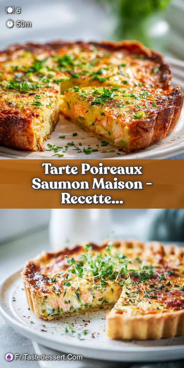 Close-up of warm, flaky tart filling with vibrant green leeks and moist pink salmon pieces.