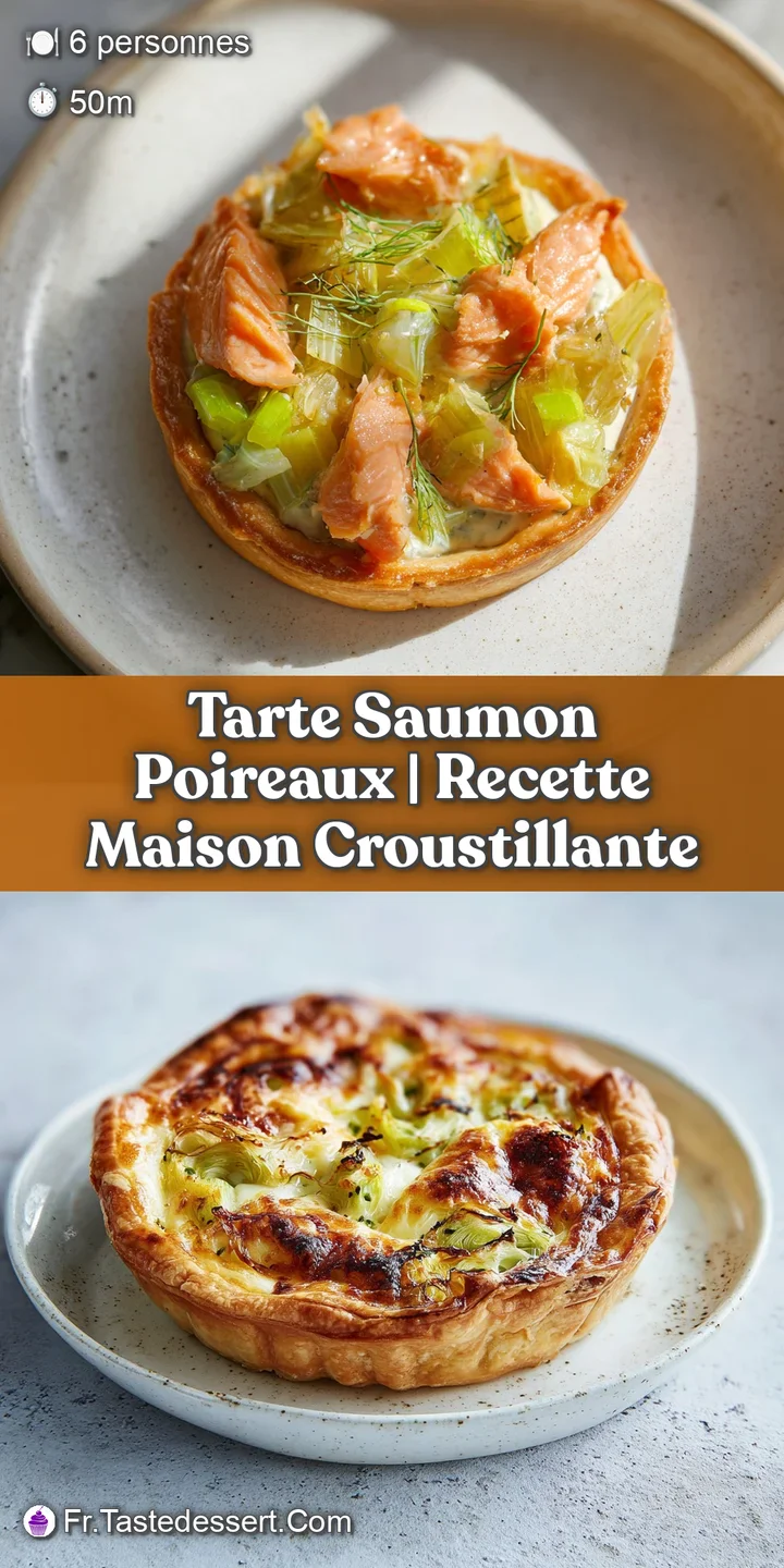 Close-up of flaky tart crust filled with glistening salmon pieces and soft leeks