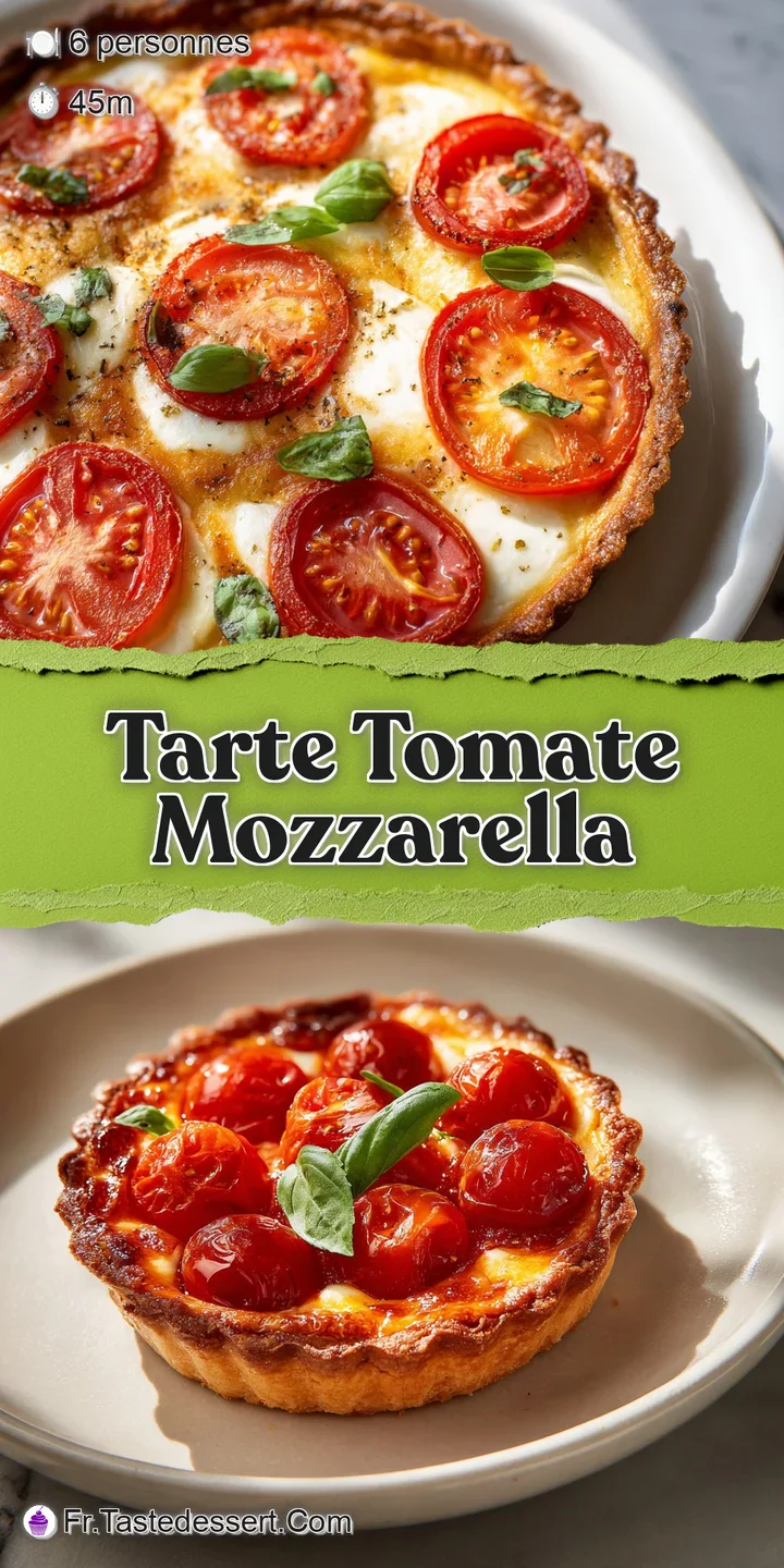 Close-up of tomato mozzarella tart. Bubbling cheese, juicy tomato, and golden crust with a hint of herbs create a mouthwat...