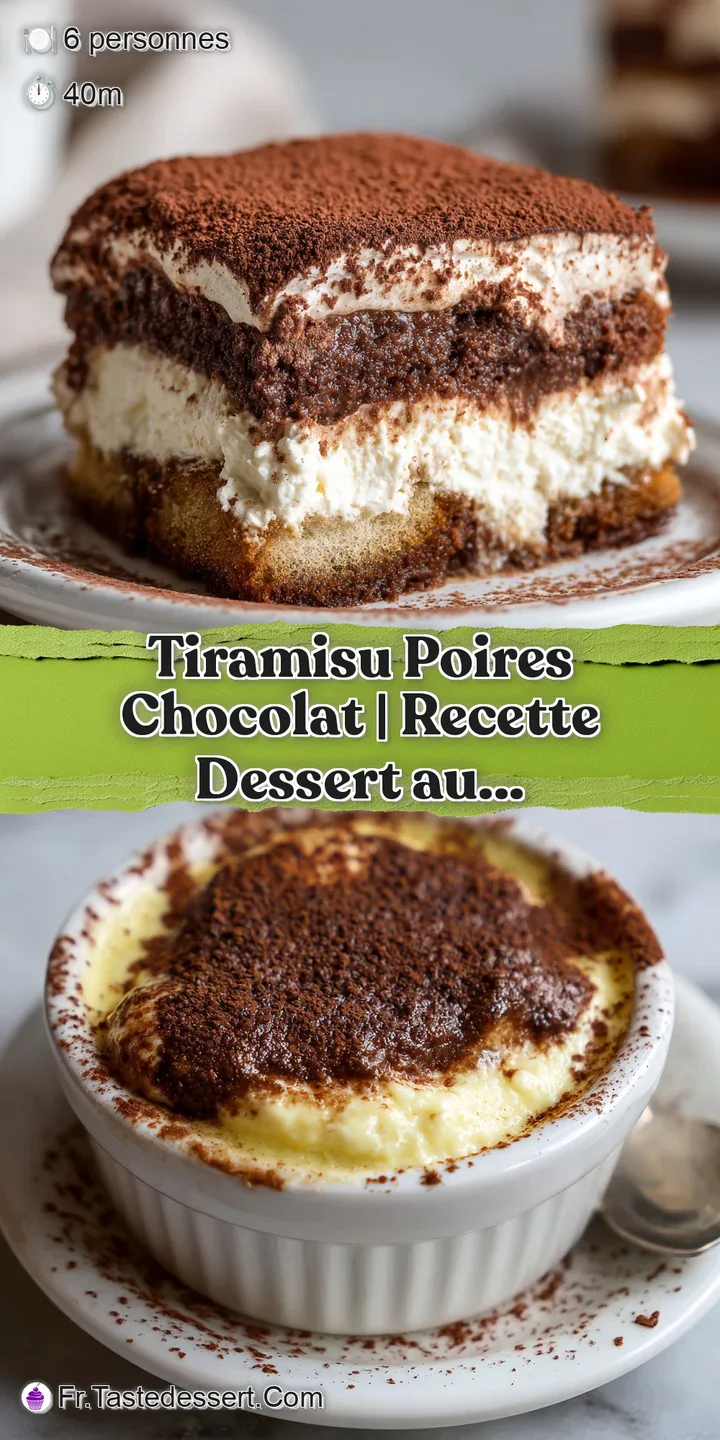 Close-up of rich chocolate sauce drizzled over soft mascarpone cream and plump, ripe pear slices, dusted with cocoa.