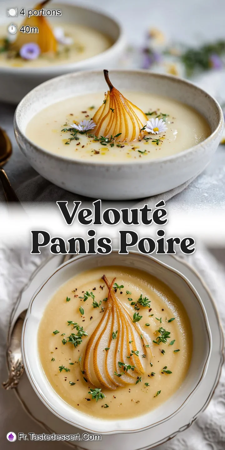 Close-up reveals the velvety texture of this pale green pear soup. Croutons offer crunch; herbs perfume the steaming surface.
