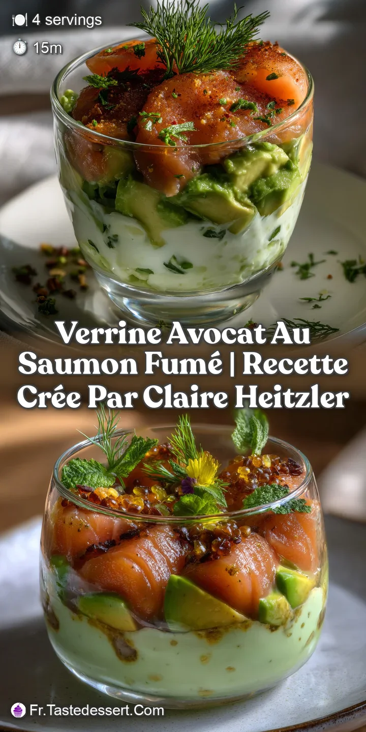 Close-up of a verrine's texture, revealing a swirl of creamy avocado mousse and flaky smoked salmon. The rich colors invit...