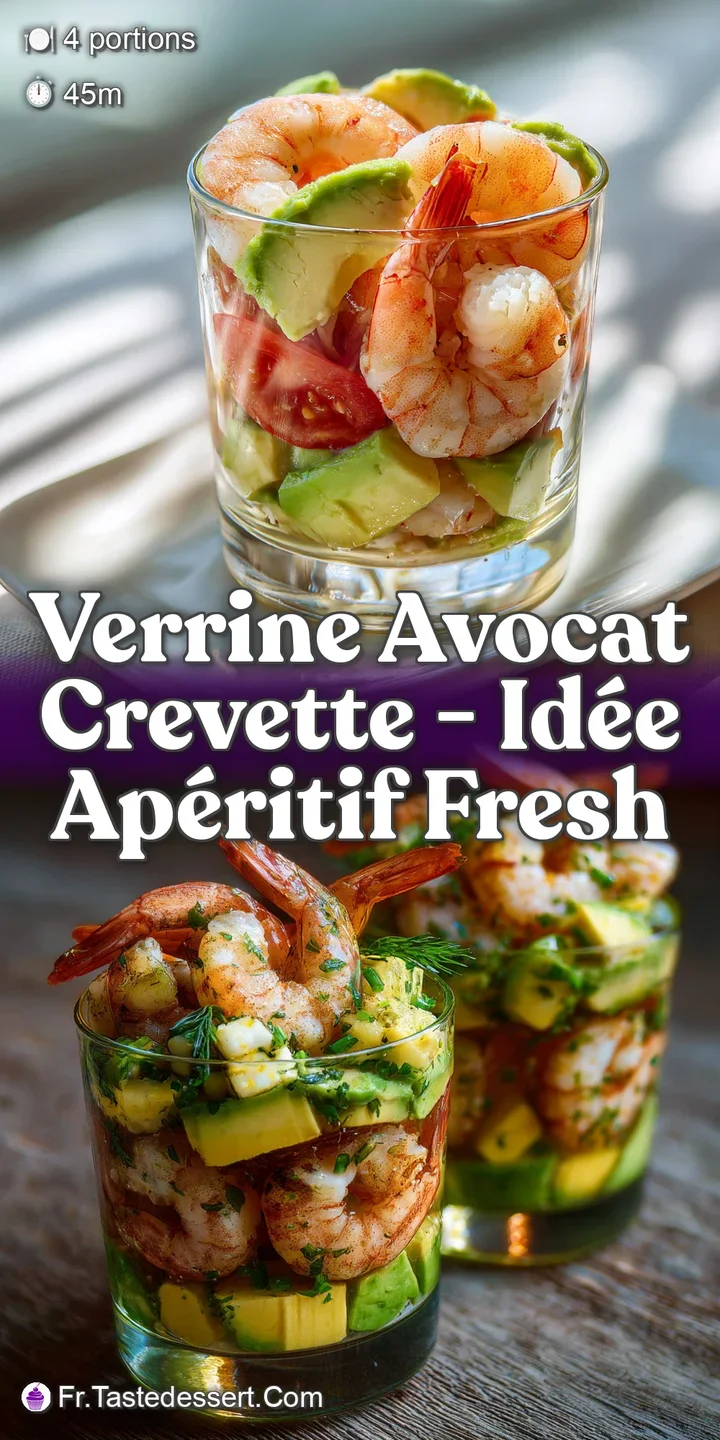 Close-up of an appetizing shrimp and avocado verrine. The delicate pink shrimp and creamy avocado create an inviting texture.