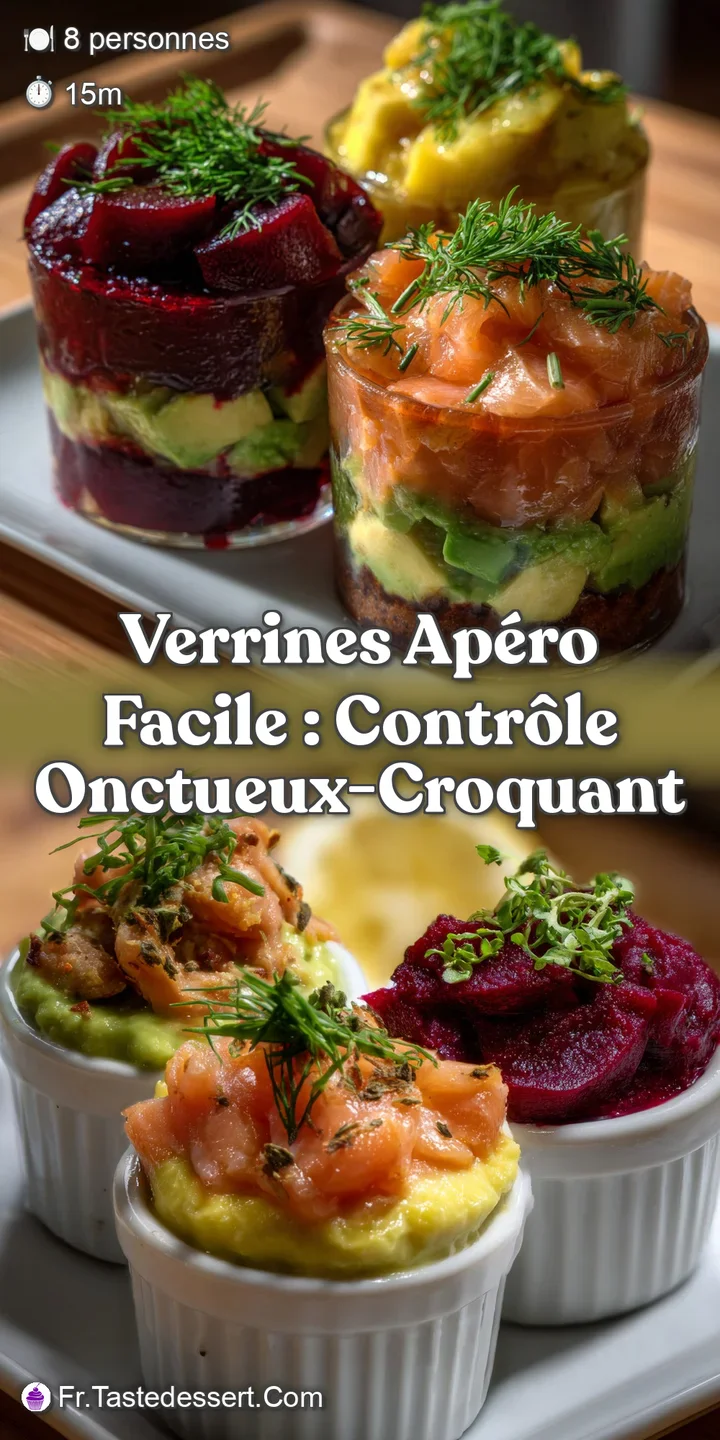 Close-up of a layered verrine with creamy dips, crispy croutons, and fresh herbs, inviting viewers with its textures and a...